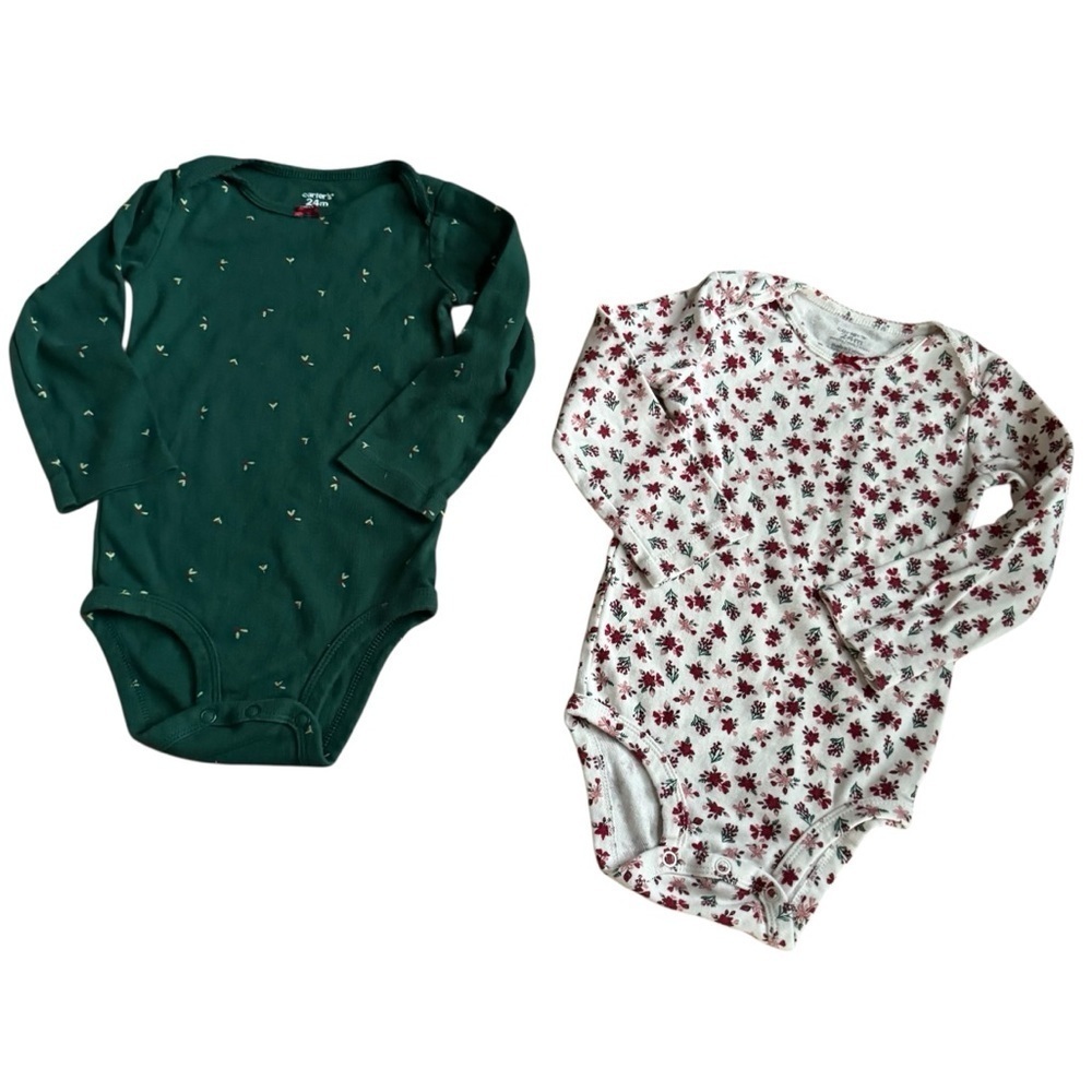 Bundle 24M Baby Girl 3 PC Set Red Velour Dress Floral Green Onesie Bodysuit - Picture 3 of 6